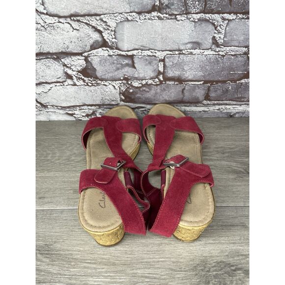 Clarks Red Suede Strappy Buckle Cork Wedge Sandals Women Sz 8.5M US/39.5EU Italy - Picture 5 of 16